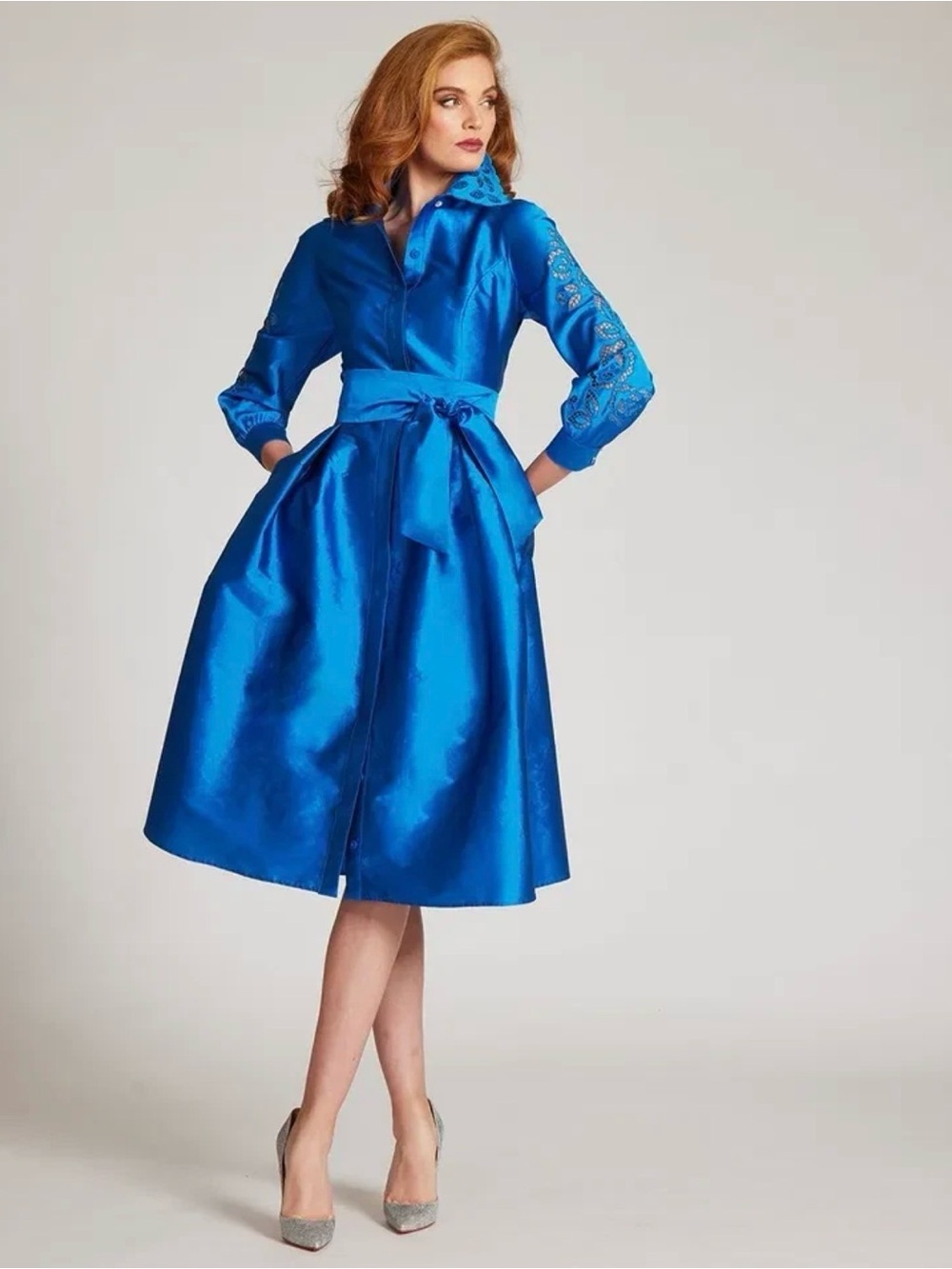 Rickie Freeman for Teri Jon Royal Blue Eyelet Taffeta Shirtdress – Size 14 – NEW